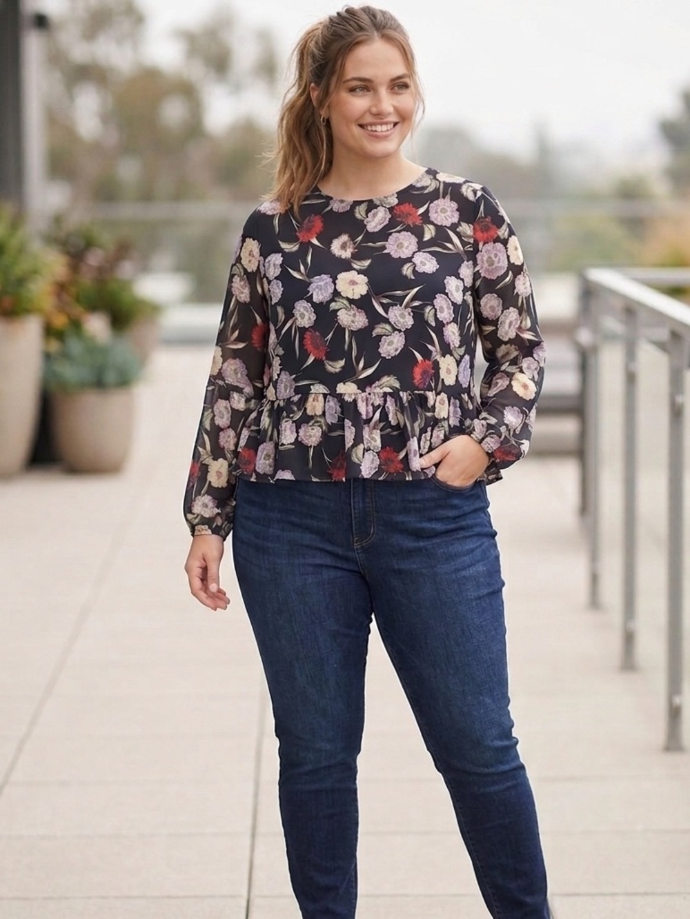 Downeast Floral Peplum Long-Sleeve Top - Black with Pink & Red Blooms